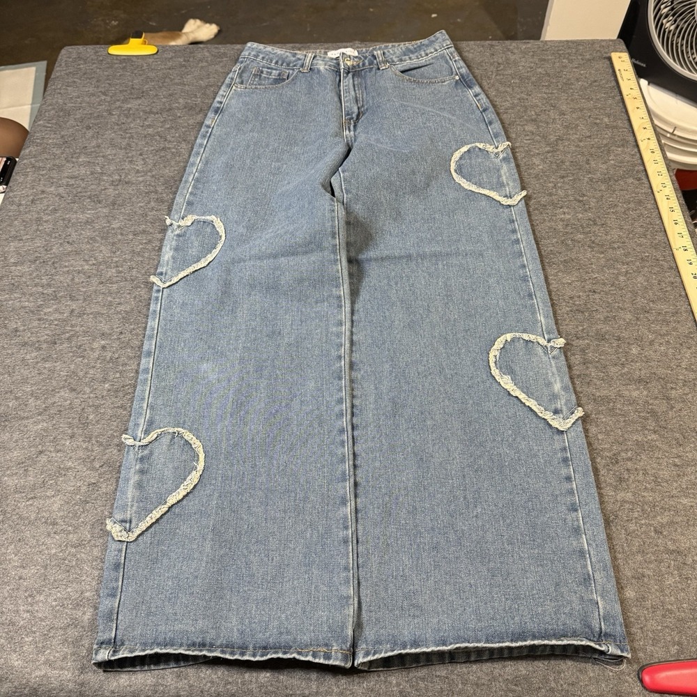 Angel Kiss Heart Patch Wide Leg Jeans Womens 26 Rave Indie Y2K Grunge Whimsy